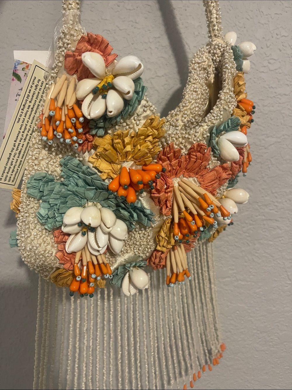Viral Beaded Bag - Floral Fringe Satchel - Ivory with Orange & Teal Accents - Picture 6 of 12
